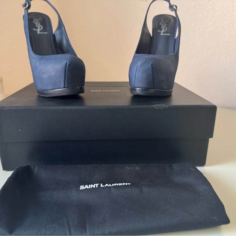 Saint Laurent Navy Blue Suede Tribtoo Slingback Heels 105mm - Picture 3 of 15